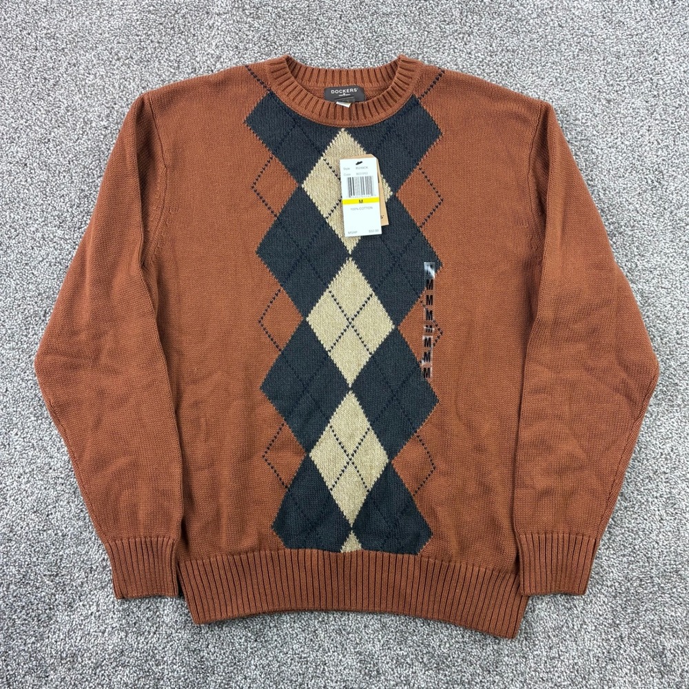 NWT Dockers Sweater Mens Medium Argyle Crewneck Spice Brown Cotton 85249CK